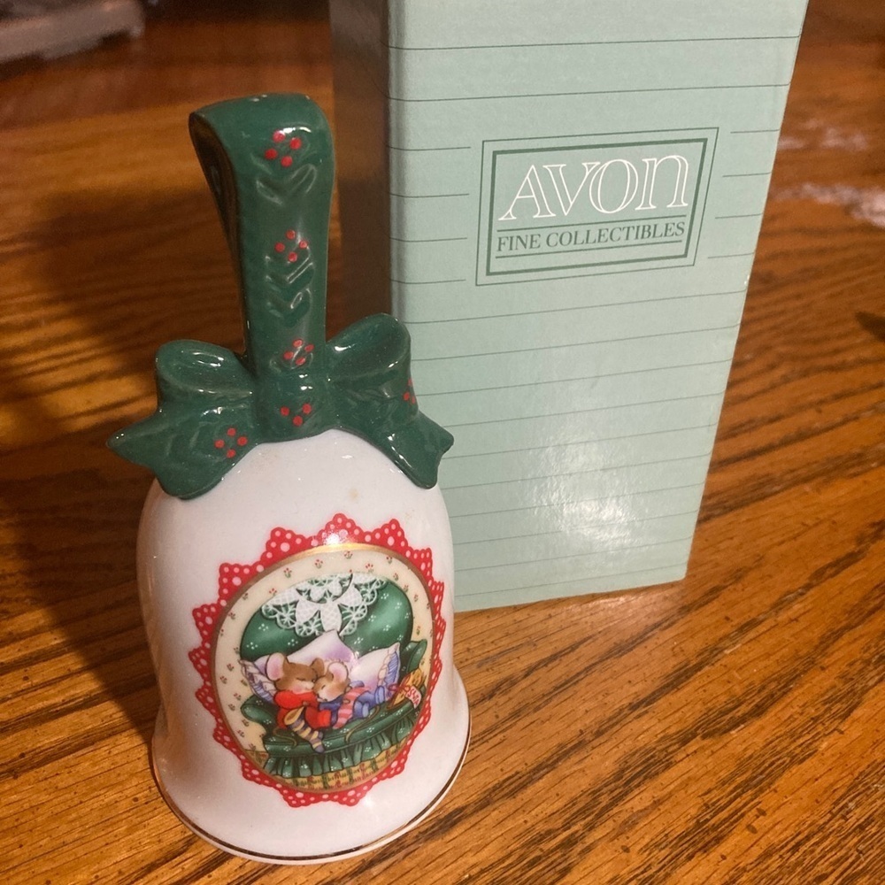 AVON 1990 Porcelain Christmas Bell "WAITING FOR SANTA" Gold Trimmed, Bow Handle